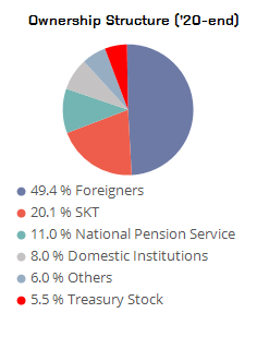 Ownership Structure (2019 - end)--50.2%:Foreigners/20.1%:SKT/10.2%:National Pension Service/9.4%:Domestic Institutions/6.0%:Treasury Stock/4.1%:Others